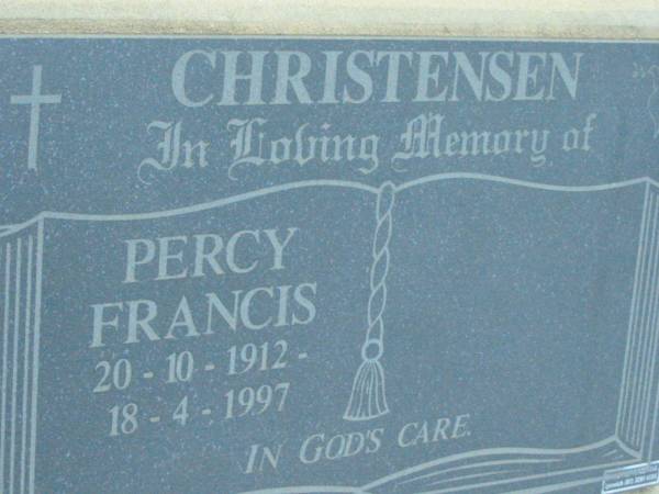 Percy Francis CHRISTENSEN,  | 20-10-1912 - 18-4-1997;  | Rosevale Church of Christ cemetery, Boonah Shire  | 