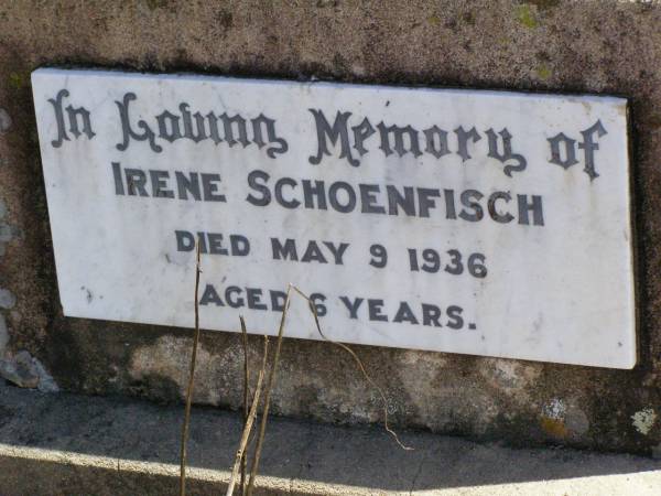 Irene SCHOENFISCH,  | died 9 May 1936 aged 6 years;  | Rosevale St Paul's Lutheran cemetery, Boonah Shire  | 