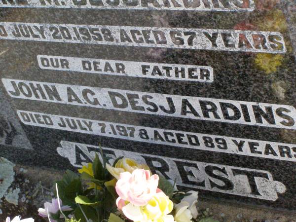 Anne M. DESJARDINS, wife mother,  | died 20 July 1958 aged 67 years;  | John A.G. DESJARDINS, father,  | died 7 July 1978 aged 89 years;  | Rosevale St Paul's Lutheran cemetery, Boonah Shire  | 