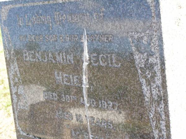 Benjamin Cecil MEIER, son brother,  | died 30 Aug 1927 aged 18 years;  | Rosevale St Paul's Lutheran cemetery, Boonah Shire  | 