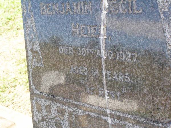 Benjamin Cecil MEIER, son brother,  | died 30 Aug 1927 aged 18 years;  | Rosevale St Paul's Lutheran cemetery, Boonah Shire  | 