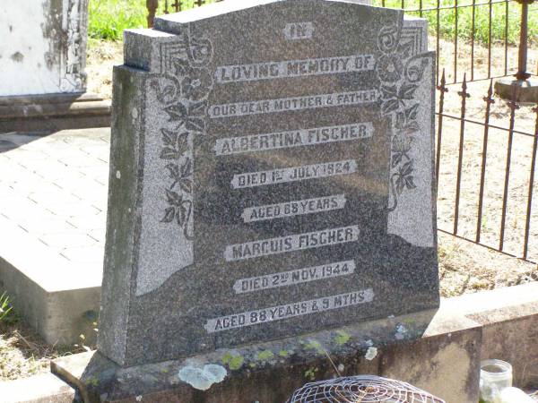 Albertina FISCHER, mother,  | died 1 July 1924 aged 68 years;  | Marcuis FISCHER, father,  | died 2 Nov 1944 aged 88 years 9 months;  | Rosevale St Paul's Lutheran cemetery, Boonah Shire  | 