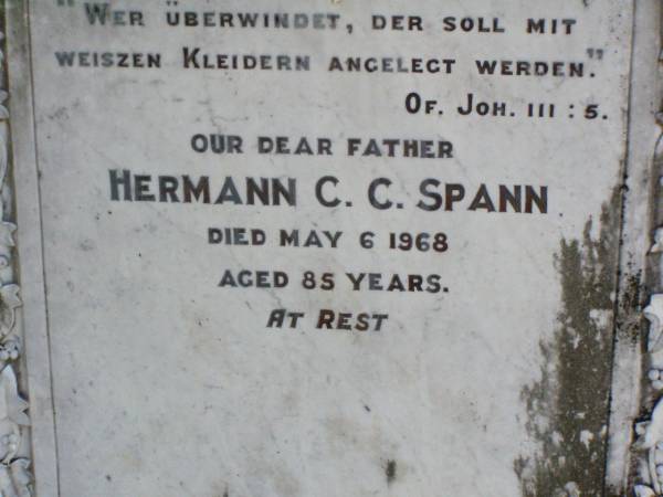 Christiane E.J. SPANN,  | nee FLEISCHFRESSER,  | born 16 Dec 1848,  | died 22 March 1896;  | Hermann C.C. SPANN, father,  | died 6 May 1968 aged 85 years;  | Rosevale St Paul's Lutheran cemetery, Boonah Shire  | 