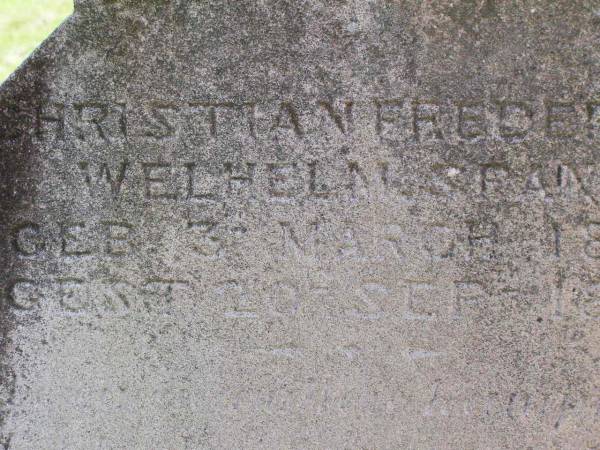 Christian Frederick Welhelm SPANN,  | born 3 March 1840 died 20 Sept 1885;  | Rosevale St Paul's Lutheran cemetery, Boonah Shire  | 