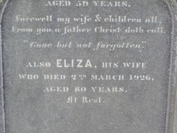 Joseph SELLARS,  | died 1 Feb 1892 aged 59 years;  | Eliza, wife,  | died 2 March 1926 aged 80 years;  | Sellars private burial ground, Rosevale, Boonah Shire  | 