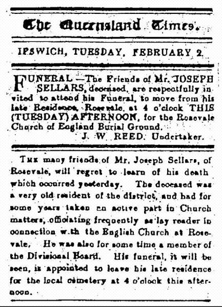 Joseph Sellars  | extract from The Queensland Times - 2 Feb 1892.  | St Stephens Anglican Church at Rosevale.  | Research Contact : Jerry Vanclay jvanclay@scu.edu.au  | Research contact: <a href= JerryVanclay/Obit-Joseph_Sellars.html >The Queensland Times - 2 Feb 1892</a>  |   | 