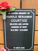 Harold Benjamin COURTICE, husband of Mary, 19-9-1918 - 8-8-2005; Rosewood Uniting Church Columbarium wall, Ipswich 