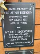 Eric Arthur (Tup) EDGEWORTH, died 11 Aug 1973 aged 57 years; Ivy Kate EDGEWORTH, died 11 Nov 2004 aged 85 years; Rosewood Uniting Church Columbarium wall, Ipswich 