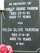 Stanley Squire YARROW, died 25-5-81 aged 77 years; Hilda Olive YARROW, died 11-6-81 aged 76 years; Rosewood Uniting Church Columbarium wall, Ipswich 