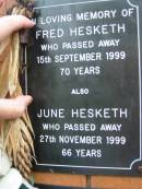 Fred HESKETH, died 15 Sept 1999 aged 70 years; June HESKETH, died 27 Nov 1999 aged 66 years; Rosewood Uniting Church Columbarium wall, Ipswich 