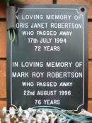 Doris? Janet ROBERSON, died 17 July 1994 aged 72 years; Mark Roy ROBERTSON, died 22 Aug 1996 aged 76 years; Rosewood Uniting Church Columbarium wall, Ipswich 