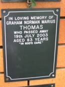 Graham Norman Marius THOMAS, died 29 July 2003 aged 83 years; Rosewood Uniting Church Columbarium wall, Ipswich 