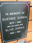 Gustave ZORNIG, 1874 - 1964; Olive ZORNIG, wife, 1883 - 1962; Rosewood Uniting Church Columbarium wall, Ipswich 