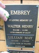 Walter Henry EMBREY, 30-4-1909 - 1-1-1994, husband of Lillian; Lillian May EMBREY, 12-6-1909 - 17-9-2001, wife of Walter; Rosewood Uniting Church Columbarium wall, Ipswich 