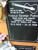Ronald George PURVIS?, husband of Wendy, father of Debbie & Alan, 18-8-1938 - 22-10-1998; Rosewood Uniting Church Columbarium wall, Ipswich 