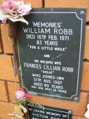 William ROBB, died 16 Feb 1971 aged 83 years; Frances Lillian ROBB, wife, died 12 Aug 1987 aged 89 years; Rosewood Uniting Church Columbarium wall, Ipswich 