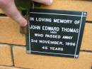 John Edward (Jack) THOMAS, died 3 Nov 1996 aged 45 years; Rosewood Uniting Church Columbarium wall, Ipswich 