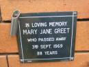 Mary Jane GREET, died 3 Sept 1969 aged 88 years; Rosewood Uniting Church Columbarium wall, Ipswich 