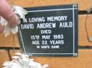 David Andrew AULD, died 15 May 1983 aged 22 years; Rosewood Uniting Church Columbarium wall, Ipswich 