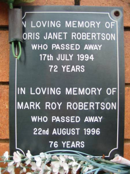 Doris? Janet ROBERSON,  | died 17 July 1994 aged 72 years;  | Mark Roy ROBERTSON,  | died 22 Aug 1996 aged 76 years;  | Rosewood Uniting Church Columbarium wall, Ipswich  | 