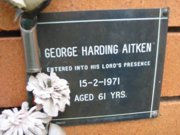 George Harding AITKEN,  | died 15-2-1971 aged 61 years;  | Rosewood Uniting Church Columbarium wall, Ipswich  | 