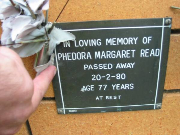 Phedora Margaret READ,  | died 20-2-80 aged 77 years;  | Rosewood Uniting Church Columbarium wall, Ipswich  | 