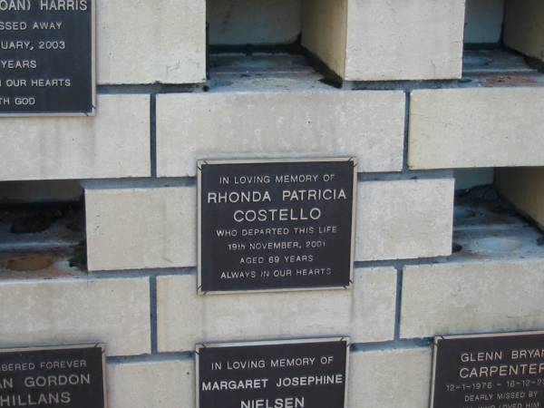 Rhonda Patricia COSTELLO  | 19 Nov 2001, aged 69  |   | Sacred Heart Catholic columbarium, Sandgate, Brisbane  |   | 