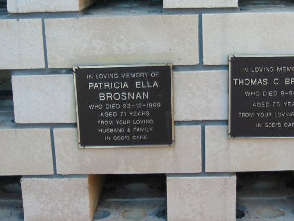 Patricia Ella BROSNAN  | 23-12-1999 aged 71  |   | Sacred Heart Catholic columbarium, Sandgate, Brisbane  |   | 