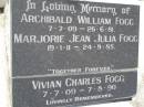 Archibald William FOGG, 7-7-09 - 26-6-81; Marjorie Jean Julia FOGG, 19-1-11 - 24-9-85; Vivian Charles FOGG, 7-7-09 - 7-8-90; Samsonvale Cemetery, Pine Rivers Shire 