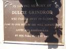 Dulcie GRINDROD, died 19-5-2004; Samsonvale Cemetery, Pine Rivers Shire 