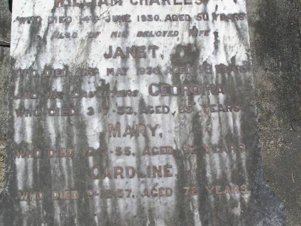 Henry GOLD,  | died 14 Oct 1920 aged 75 years;  | Arthur,  | son,  | died in infancy;  | William Charles,  | son,  | died 14 June 1930 aged 50 years;  | Janet,  | wife,  | died 22 May 1936 aged 78 years;  | Georgina,  | daughter,  | died 3-7-53 aged 65 years;  | Mary,  | died 12-7-55 aged 72 years;  | Caroline,  | died 9-12-57 aged 72 years;  | Samsonvale Cemetery, Pine Rivers Shire  | 