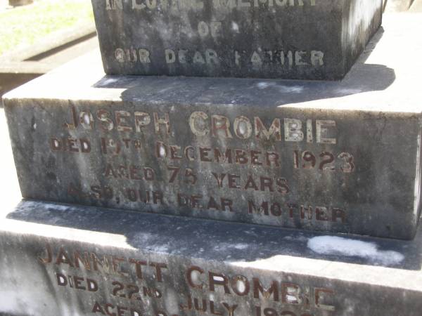 Joseph CROMBIE,  | father,  | died 19 Dec 1923 aged 75 years;  | Jannett CROMBIE,  | died 22 July 1928 aged 80 years;  | Kathleen Sybil MARTIN,  | neice of J. & J. CROMBIE, Mt Samson,  | died 24 June 1917 aged 19 years;  | Samsonvale Cemetery, Pine Rivers Shire  | 