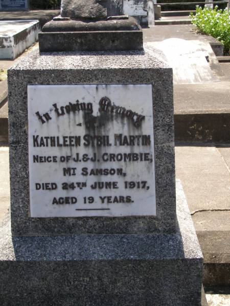 Joseph CROMBIE,  | father,  | died 19 Dec 1923 aged 75 years;  | Jannett CROMBIE,  | died 22 July 1928 aged 80 years;  | Kathleen Sybil MARTIN,  | neice of J. & J. CROMBIE, Mt Samson,  | died 24 June 1917 aged 19 years;  | Samsonvale Cemetery, Pine Rivers Shire  | 