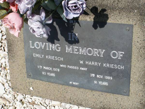Emily KRIESCH,  | died 11 March 1978 aged 83 years;  | W. Harry KRIESCH,  | died 3 Nov 1989 aged 91 years;  | brothers;  | Raymont J.W. (Ray) KRIESCH,  | 3-9-1928 - 24-3-1940 aged 11 1/2 years;  | Reginald W.W. (Reg) KRIESCH,  | 17-8-1924 - 16-12-2001 aged 77 years;  | Samsonvale Cemetery, Pine Rivers Shire  | 