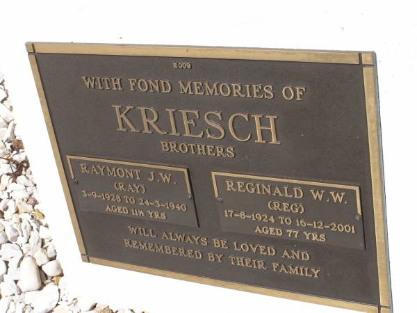 Emily KRIESCH,  | died 11 March 1978 aged 83 years;  | W. Harry KRIESCH,  | died 3 Nov 1989 aged 91 years;  | brothers;  | Raymont J.W. (Ray) KRIESCH,  | 3-9-1928 - 24-3-1940 aged 11 1/2 years;  | Reginald W.W. (Reg) KRIESCH,  | 17-8-1924 - 16-12-2001 aged 77 years;  | Samsonvale Cemetery, Pine Rivers Shire  | 