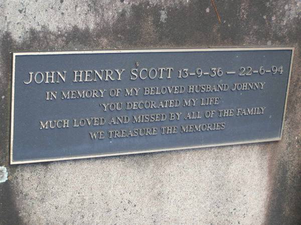 John Henry SCOTT,  | 13-9-36 - 22-6-94,  | husband;  | Samsonvale Cemetery, Pine Rivers Shire  | 