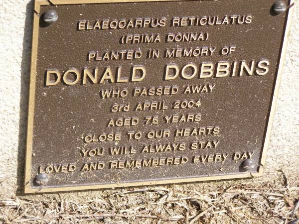Donald DOBBINS,  | died 3 April 2004 aged 75 years;  | Samsonvale Cemetery, Pine Rivers Shire  | 