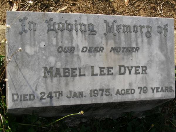 Betty M. DYER,  | died 16 Feb 1932 aged 10 years;  | Edward Victor Herbert DYER,  | husband father,  | died 19 Aug 1972 aged 82 years;  | Mabel Lee DYER,  | mother,  | died 24 Jan 1975 aged 79 years;  | Bald Hills (Sandgate) cemetery, Brisbane  | 