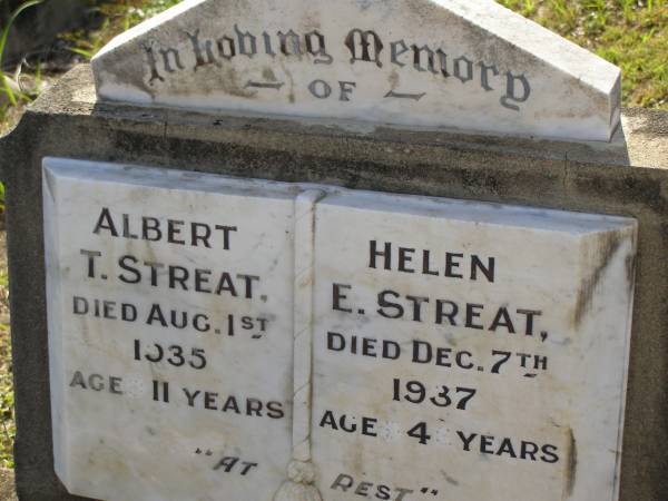 Albert T. STREAT,  | died 1 Aug 1935 aged 11 years;  | Helen E. STREAT,  | died 7 Dec 1937 aged 46 years;  | Bald Hills (Sandgate) cemetery, Brisbane  | 