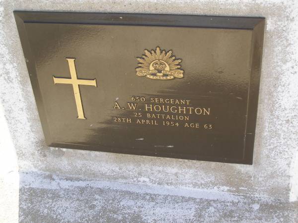 A.W. HOUGHTON,  | died 28 April 1954 aged 63 years;  | Bald Hills (Sandgate) cemetery, Brisbane  | 