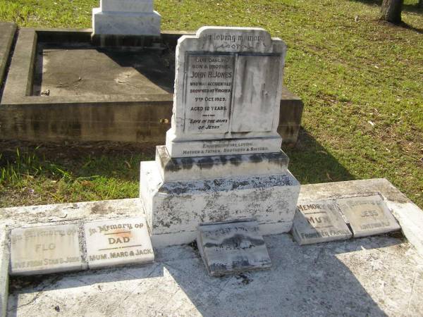 John H. JONES,  | son brother,  | accidentally drowned Virginia  | 7 Oct 1929 aged 12 years;  | Flo,  | love from Stan & John;  | Dad,  | from Mum, Marc & Jack;  | Marcia;  | Mum;  | Jess,  | love from Alf;  | Bald Hills (Sandgate) cemetery, Brisbane  |   | 