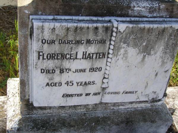 Florence L. HATTEN,  | mother,  | died 8 June 1920 aged 45 years;  | Bald Hills (Sandgate) cemetery, Brisbane  | 