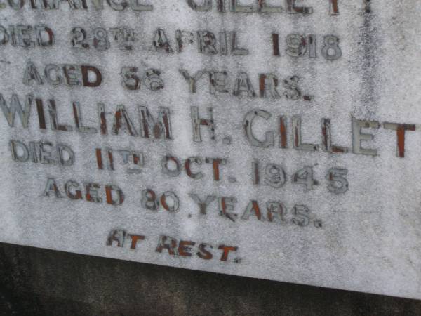 Florance GILLETT,  | mother,  | died 28 April 1918 aged 56 years;  | William H. GILLETT,  | father,  | died 11 Oct 1945 aged 80 years;  | Bald Hills (Sandgate) cemetery, Brisbane  | 