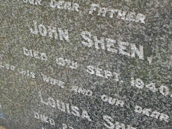 John SHEEN,  | father,  | died 13 Sept 1940;  | Louisa SHEEN,  | wife mother,  | died 23 March 1943;  | Bald Hills (Sandgate) cemetery, Brisbane  | 