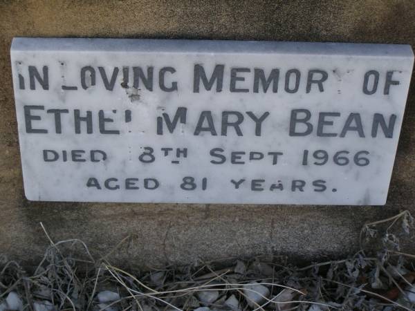 Joseph Henry BEAN,  | husband of Catherine BEAN,  | died Sandgate 23 Dec 1906 aged 50 years;  | Catherine BEAN,  | born York England 20 Feb 1855,  | died 1 Sept 1922;  | Ethel Mary BEAN,  | died 18 Sept 1966 aged 81 years;  | Bald Hills (Sandgate) cemetery, Brisbane  | 
