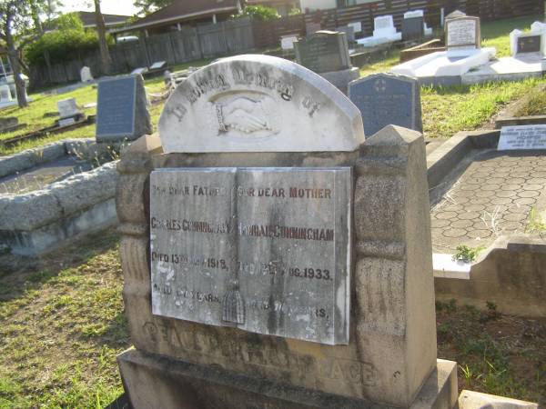 Charles CUNNINGHAM,  | father,  | died 13 Nov 1918 aged 67 years;  | Hannah CUNNINGHAM,  | mother,  | died 12 Aug 1933 aged 71 years;  | Bald Hills (Sandgate) cemetery, Brisbane  | 