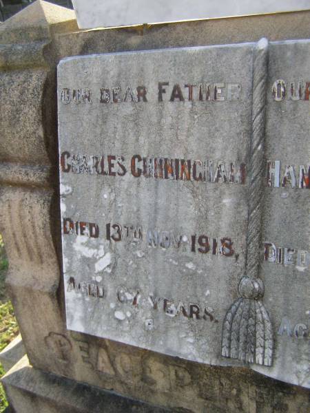 Charles CUNNINGHAM,  | father,  | died 13 Nov 1918 aged 67 years;  | Hannah CUNNINGHAM,  | mother,  | died 12 Aug 1933 aged 71 years;  | Bald Hills (Sandgate) cemetery, Brisbane  | 