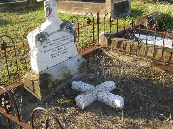 Henry Montague Harding BROWNE,  | born Reading 18 Oct 1876  | died Sandgate 6 Jan 1890,  | erected by mother & step-father E.C. & A. FREW,  | and uncle & aunt D.A. & E. BROWNE;  | Bald Hills (Sandgate) cemetery, Brisbane  | 