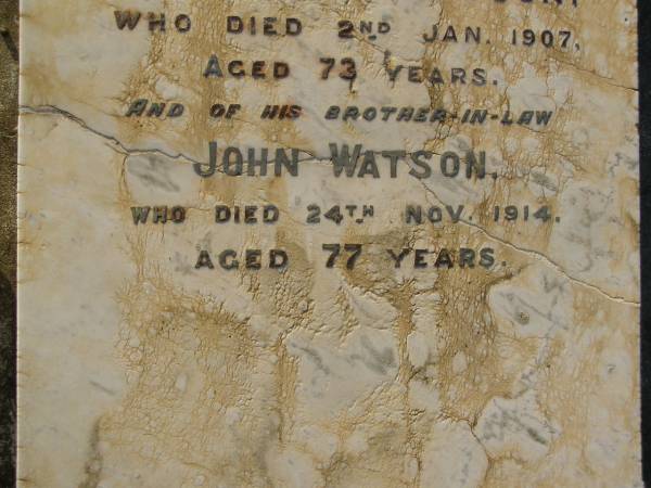 Robert KIFT,  | died 10 Aug 1885 aged 62 years;  | Margaret,  | wife,  | died 28 May 1912 aged 77 year;  | Alexander WATSON,  | brother-in-law,  | died 2 Jan 1907 aged 73 years;  | John WATSON,  | brother-in-law,  | died 24 Nov 1914 aged 77 years;  | Bald Hills (Sandgate) cemetery, Brisbane  | 