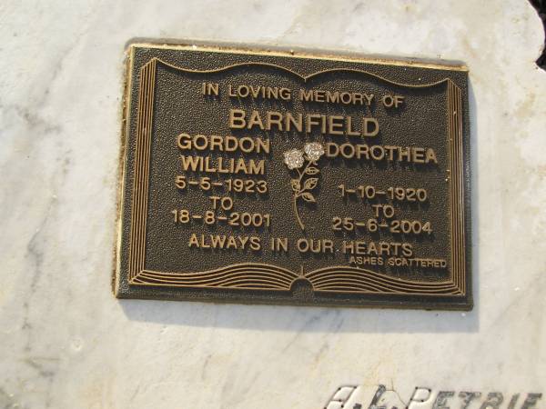 John,  | husband of Martha BEST,  | died 9 Sept 1915 aged 72 years;  | Martha BEST,  | died 21 March 1927 aged 87 years;  | Herbert Joseph BEST,  | 26-6-1870 - 24-4-1960;  | Grace Harriet BEST,  | 9-4-1884 - 6-8-1964,  | ashes scattered;  | Gordon William BARNFIELD,  | 5-5-1923 - 18-8-2001;  | Dorothea BARNFIELD,  | 1-10-1920 - 25-6-2004,  | ashes scattered;  | Bald Hills (Sandgate) cemetery, Brisbane  | 